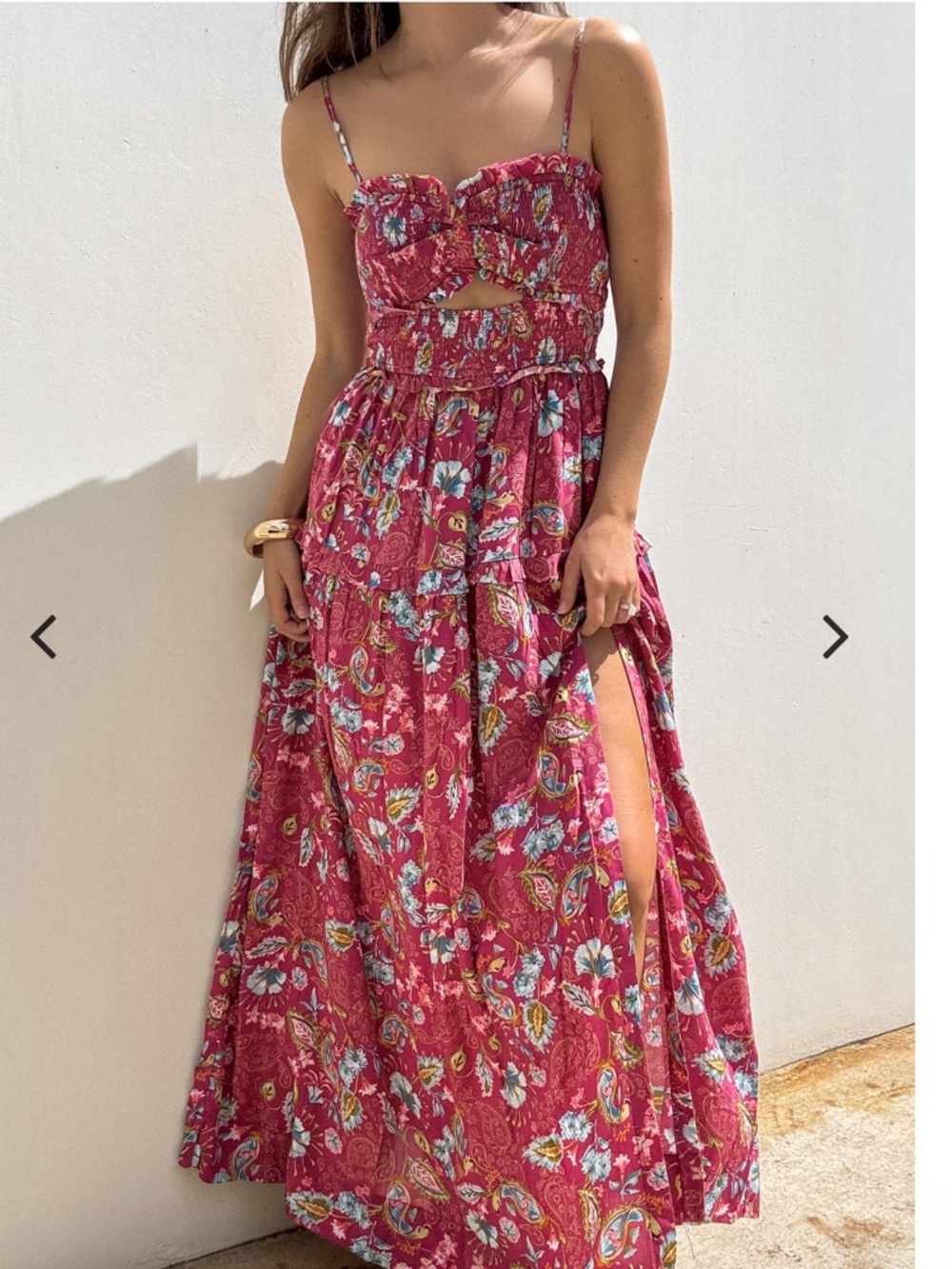 Pink Floral Maxi Dress with Cutout and Side Slit